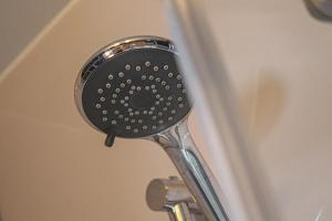 Hay un cabezal de ducha junto a la bañera. en Station Signature Apartment near Lanark, en Carstairs