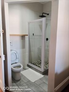 a bathroom with a shower and a toilet at HEBA GUEST LODGE in Uitenhage
