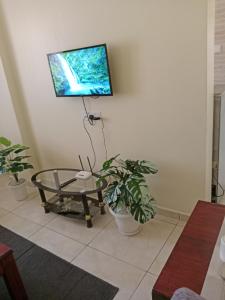 a living room with plants and a tv on the wall at Home away from home Next to Sky Louge Bamburi in Mombasa