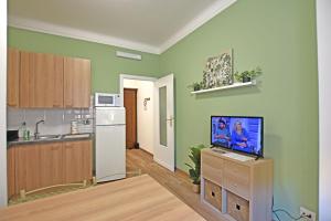 a kitchen with green walls and a tv on a cabinet at CASA CRISTINA in Sanremo +8 photos