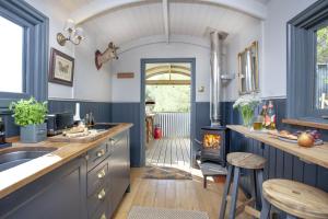 a kitchen with a stove and a counter with a fireplace at Hawkings Hideaway in Knowstone