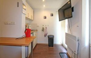a small kitchen with a desk and a television in it at Cozy Apartment In Wusterhusen With Kitchen in Wusterhusen