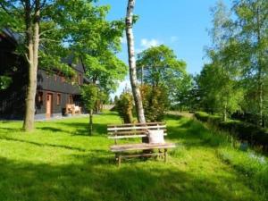 Ferienhaus in Klingenthal mit Garten und Terrasse في كلينغنتال: مقعد حديقة يجلس في العشب في الفناء