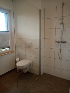 a bathroom with a toilet and a shower at Fischstuebchen Neeberg in Krummin