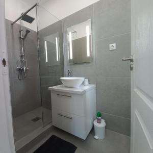 a bathroom with a sink and a shower at Stílus Apartman in Vásárosnamény