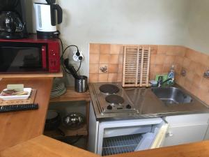 a kitchen with a stove and a sink and a microwave at Mumbasa - Gîtes du Fozo - Herbignac - La Roche Bernard in Herbignac