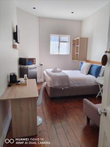 1 dormitorio con 1 cama y escritorio en una habitación en HEBA GUEST LODGE en Uitenhage