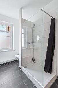 a glass shower in a bathroom with a toilet at Sali-Homes Boarding Haus Monteur-Wohnungen Balkon Vollküche Autobahnähe in Markranstädt