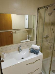 y baño con lavabo y ducha. en Apartamento El Toboso en Alcalá de Henares