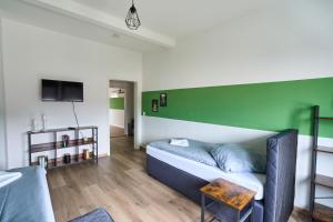 a bedroom with a bed and a green wall at Sali-Homes Boarding Haus Monteur-Wohnungen Balkon Vollküche Autobahnähe in Markranstädt