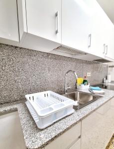 um balcão de cozinha com um lavatório branco e um balcão de cozinha em apartament Eliette 4 em Bagá