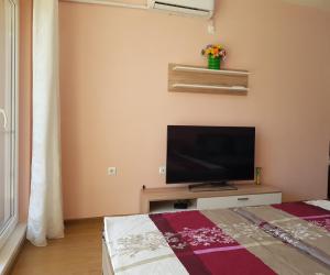 a bedroom with a flat screen tv and a bed at Sarafovo Sea Paradise in Burgas City