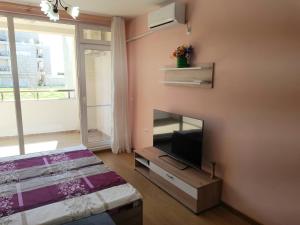 a bedroom with a bed and a tv on a wall at Sarafovo Sea Paradise in Burgas City