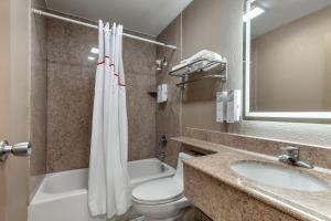 a bathroom with a toilet and a sink and a tub at Red Roof Inn Suffolk in Suffolk +24 photos