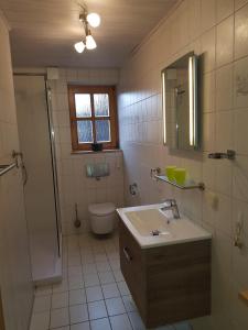 ein Bad mit einem Waschbecken, einem WC und einer Dusche in der Unterkunft Ferienwohnung Spitzner in Störnstein