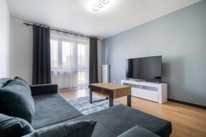 a living room with a couch and a flat screen tv at Sosnowiec City Centre Apartment in Sosnowiec