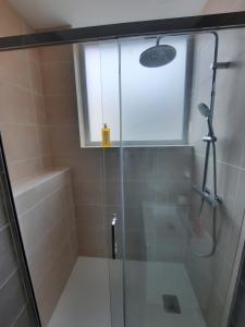 eine Dusche mit Glastür und Fenster in der Unterkunft Appartement cœur de ville in Beauvais