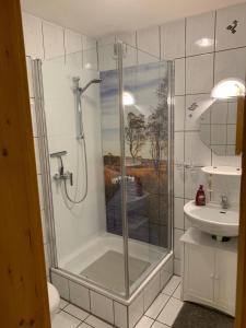 ein Bad mit einer Dusche und einem Waschbecken in der Unterkunft Uschi's Familienparadies in Monschau