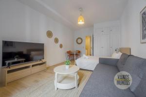 a living room with a couch and a tv and a bed at Comodo y centrico Loft en calle Carretas - Madrid Centro in Madrid