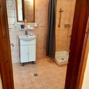 W łazience znajduje się umywalka i prysznic. w obiekcie Thasos Seaside Serenity - Seaview & Garden Nests w mieście Astris