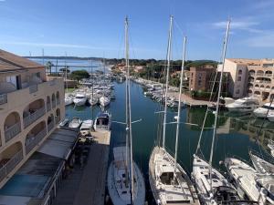 Banda łodzi zakotwiczona w porcie w obiekcie Duplex climatisé 4 pers, balcon, parking privé, proche plages et commerces - FR-1-335-168 w Hyères