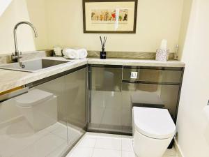 a bathroom with a white toilet and a sink at The Ilkley Loft Suite in Ilkley