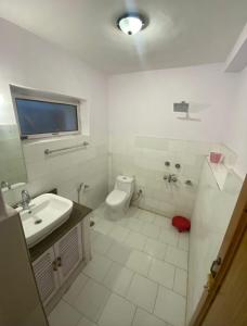 a white bathroom with a sink and a toilet at Hotel Lumbini in Leh
