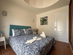 sypialnia z łóżkiem z dwoma ręcznikami w obiekcie Villa Olympia Lovely, Close to Town and Beaches with Private Pool & Fast WiFi w Corralejo