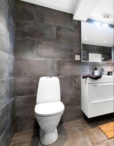 La salle de bains est pourvue de toilettes et d'un lavabo. dans l'établissement Solsiden Modern stay: King Beds, Private Entry, à Trondheim