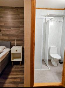 a bathroom with a toilet and a glass shower at Kvitfjell Hotel in Strande