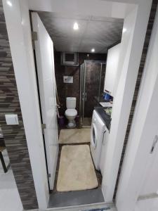 a small bathroom with a toilet and a shower at City Center Modern Studio in Pamukkale