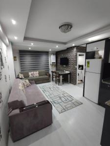 City Center Modern Studio في باموكالي: غرفة معيشة مع سرير ومطبخ