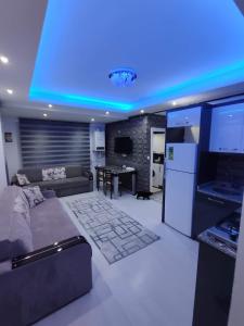 City Center Modern Studio في باموكالي: غرفة معيشة مع أريكة وسقف أزرق