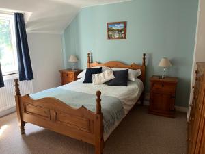 a bedroom with a wooden bed and two night stands at Tremaes Solva in Solva