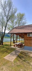um pavilhão de madeira com uma mesa de piquenique ao lado de um lago em Drinski Mir em Mali Zvornik