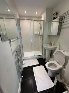 een badkamer met een douche, een toilet en een wastafel bij Tony's Court Beautifully furnished 2 Bedrooms apartment in Colindale