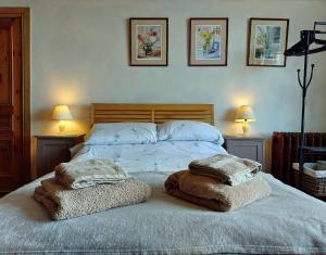a bedroom with a bed with two towels on it at High View Studio with terrace & sea views in Barmouth