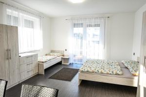 1 dormitorio con 2 camas y 2 ventanas en Penzion Fann, en Humpolec