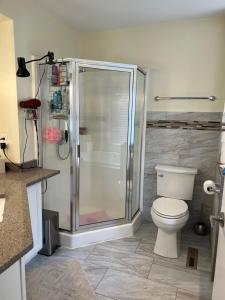 a bathroom with a shower and a toilet at Dells Paradise At Lighthouse Cove Condominiums in Wisconsin Dells +22 photos