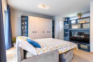 - une chambre avec un lit et une télévision dans l'établissement La Casa Nelle Aie - Appartamento Dolcetto - Private Parking - Free Wifi & AC, à La Morra