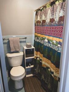 La salle de bains est pourvue de toilettes et d'un rideau de douche. dans l'établissement Deer Hollow Cottage at Tradewinds, à Eureka Springs