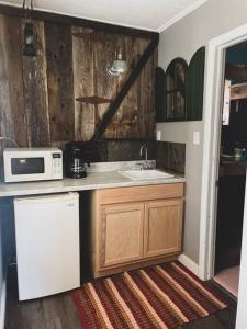 a kitchen with a sink and a microwave at Deer Hollow Cottage at Tradewinds in Eureka Springs