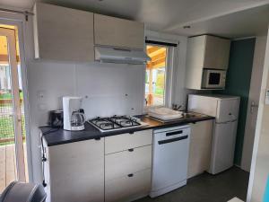 a small kitchen with a stove and a refrigerator at camping les pêcheurs in Pont-de-Poitte