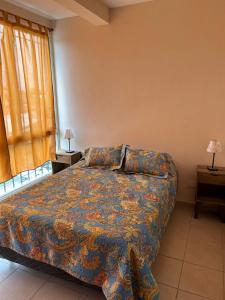 sypialnia z łóżkiem, 2 lampami i oknem w obiekcie Apartamentos El Viñedo 8 w mieście General Alvear