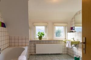La salle de bains est pourvue d'une baignoire et d'un lavabo. dans l'établissement Vakantiehuis Bergfreiheit, à Winterberg