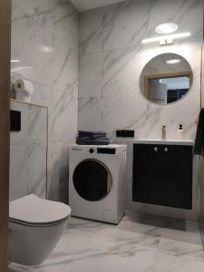 uma casa de banho com um WC, um lavatório e uma máquina de lavar roupa em Fox Apartament Free parking em Bolesławiec
