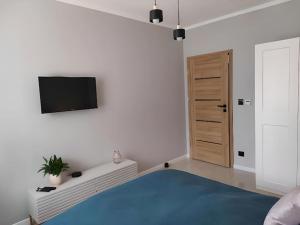 uma sala de estar com televisão e um tapete azul em Fox Apartament Free parking em Bolesławiec