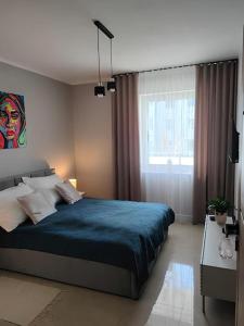 um quarto com uma cama azul e uma janela em Fox Apartament Free parking em Bolesławiec