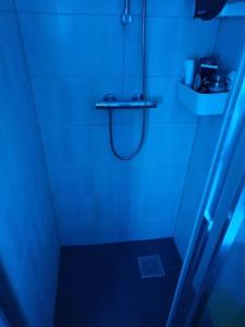 La salle de bains est pourvue d'une douche avec une lumière bleue. dans l'établissement La Maison Bleue - La Haye, à La Haye
