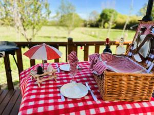 a picnic table with a red and white checkered blanket at Cabane la Clef des Champs au Mas des Entrages in Salon-de-Provence